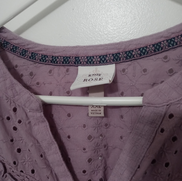 Knox Rose lilac short Balloon Sleeve Button Down peek a boo Floral Ruffle blouse - Picture 4 of 11